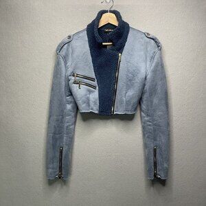 Kaylee Kollection Blue Cropped Moto Jacket W/ Sherpa Collar & Zipper  M